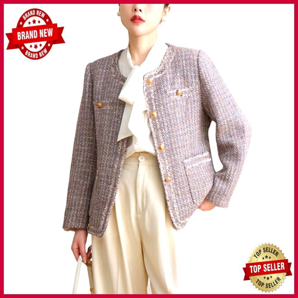 Women's Tweed Blazer with Fringe Trim, Button Front, Long Sleeves